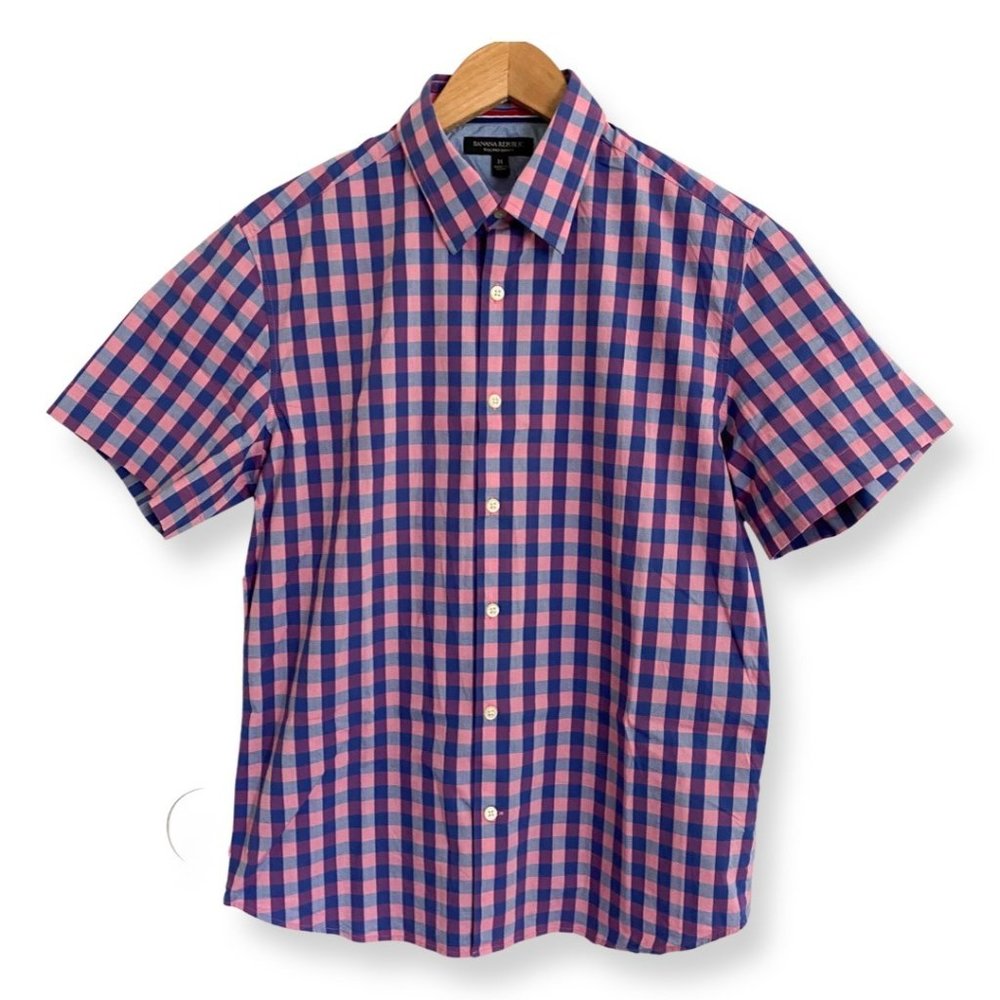 Banana Republic Men’s Button Up Shirt Medium Tailored Slim Fit Plaid Pink Blue